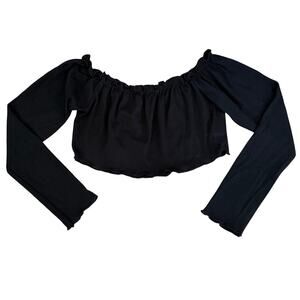 Nasty Gal Long Sleeve Crop Top Black Size Medium (8) Ribbed Ruffle Hem Stretch